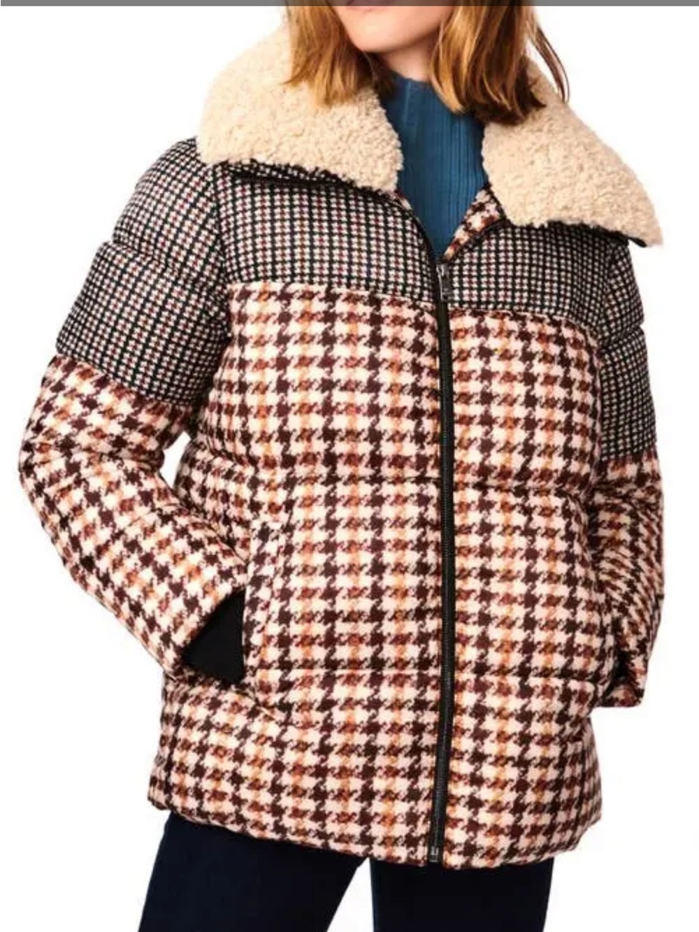 Bernardo LOVE Houndstooth Puffer Jacket Brown Cream Removable Collar M NWT